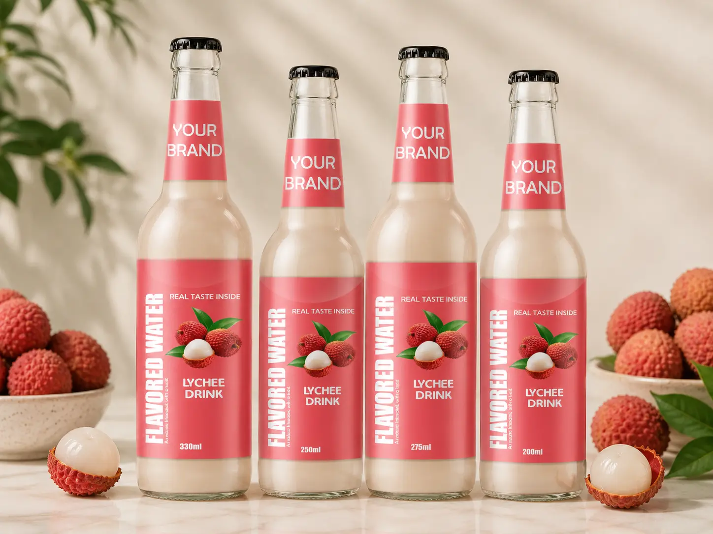 FLAVORED WATER Lychee flavour in 200ml, 250ml, 275ml and 330ml glass bottles.